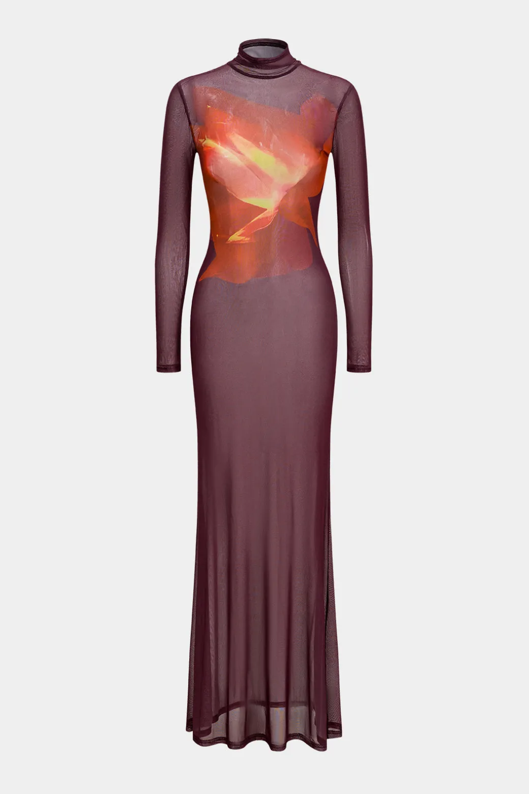 Clearance Abstract Floral Print Mesh Sheer Long Sleeve Maxi Dress Long Sleeve Dresses | Maxi Dresses