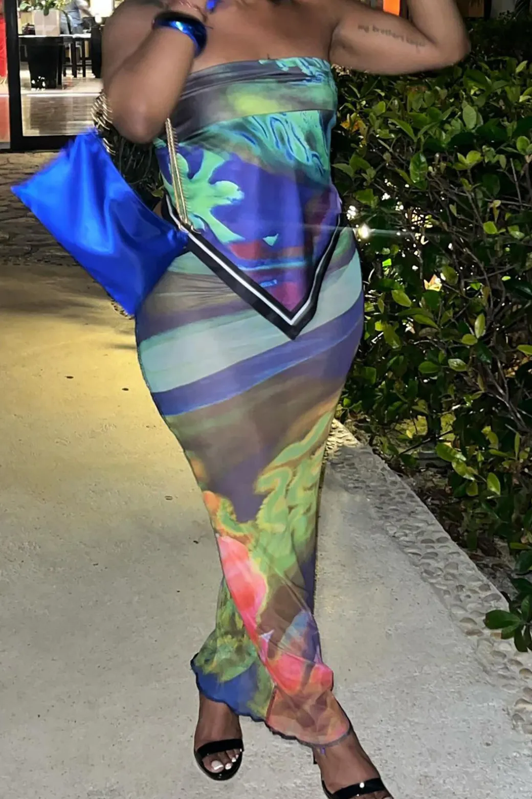 Flash Sale Abstract Print Knot Strapless Top And Cut Out Midi Skirt Set Skirt Sets | Vacation Sets