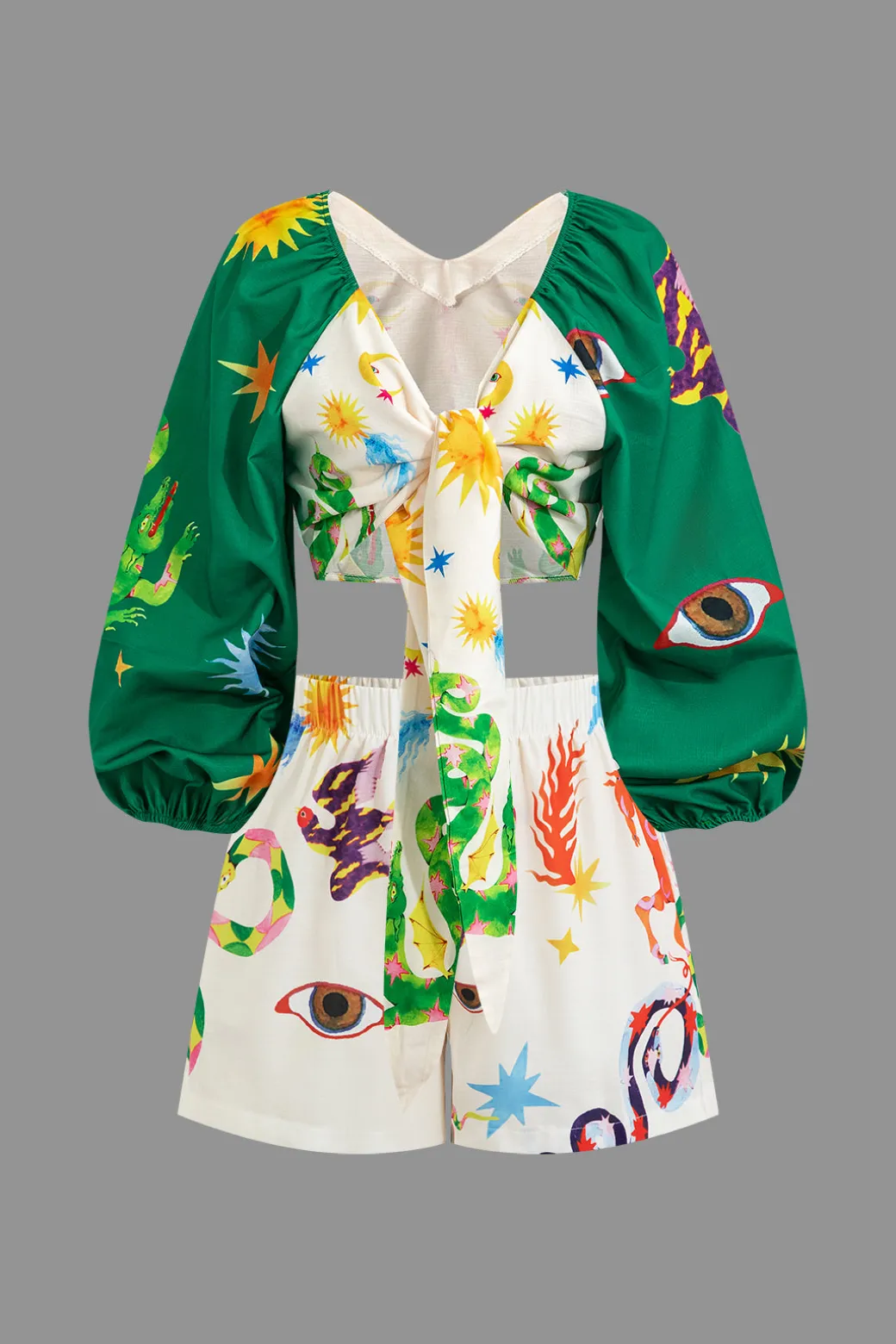 Flash Sale Abstract Print Puff Sleeve Two-Piece Shorts Set Short Sets