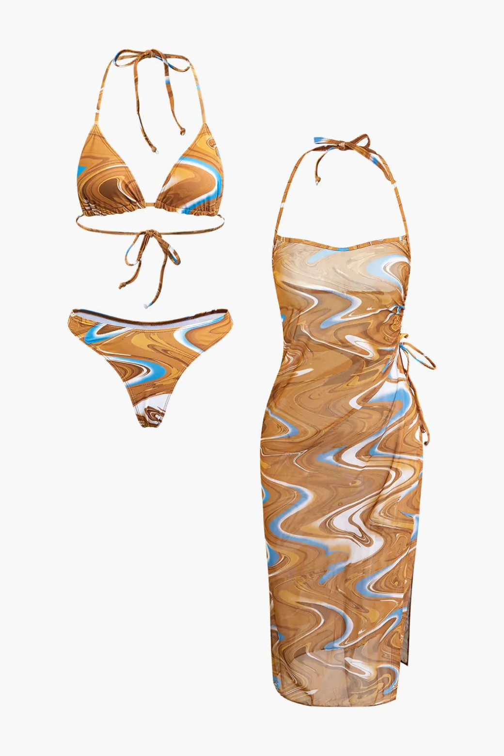 Outlet Abstract Print Tie Halter Bikini And Slit Midi Dress Swimsuit Set Swimwear | Vacation Sets