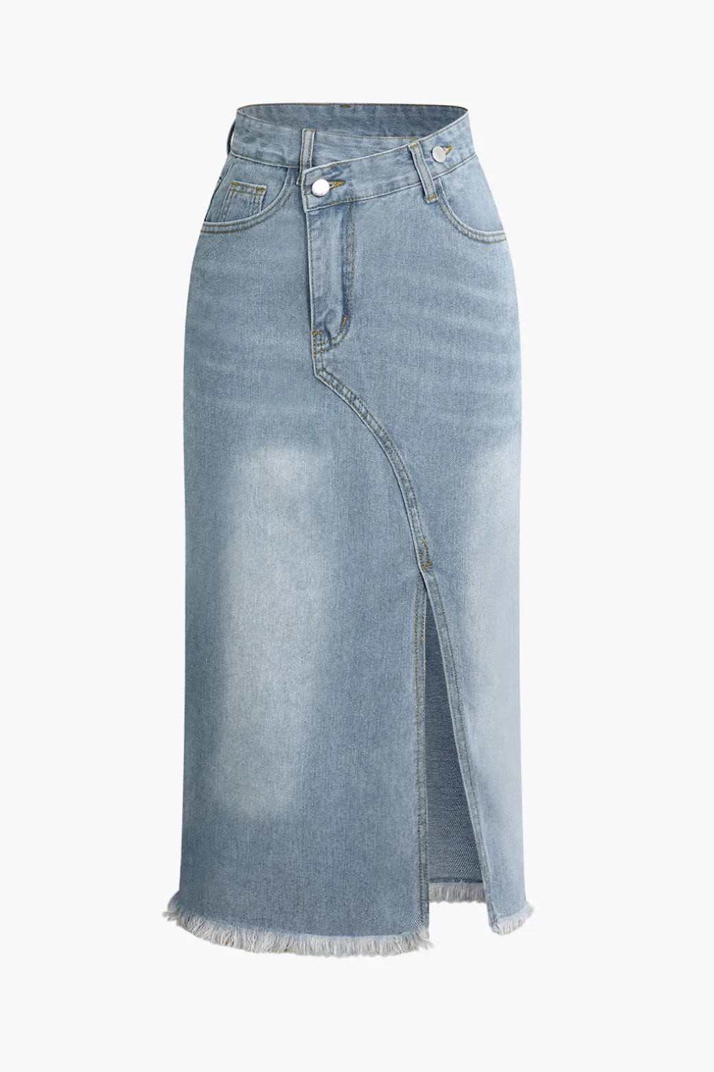 Cheap Asymmetrical Frayed Hem Slit Denim Midi Skirt Skirts