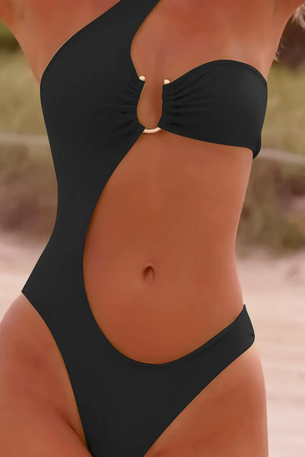 Online Asymmetrical U-ring Cut Out Ruched One-Piece Swimsuit Swimwear