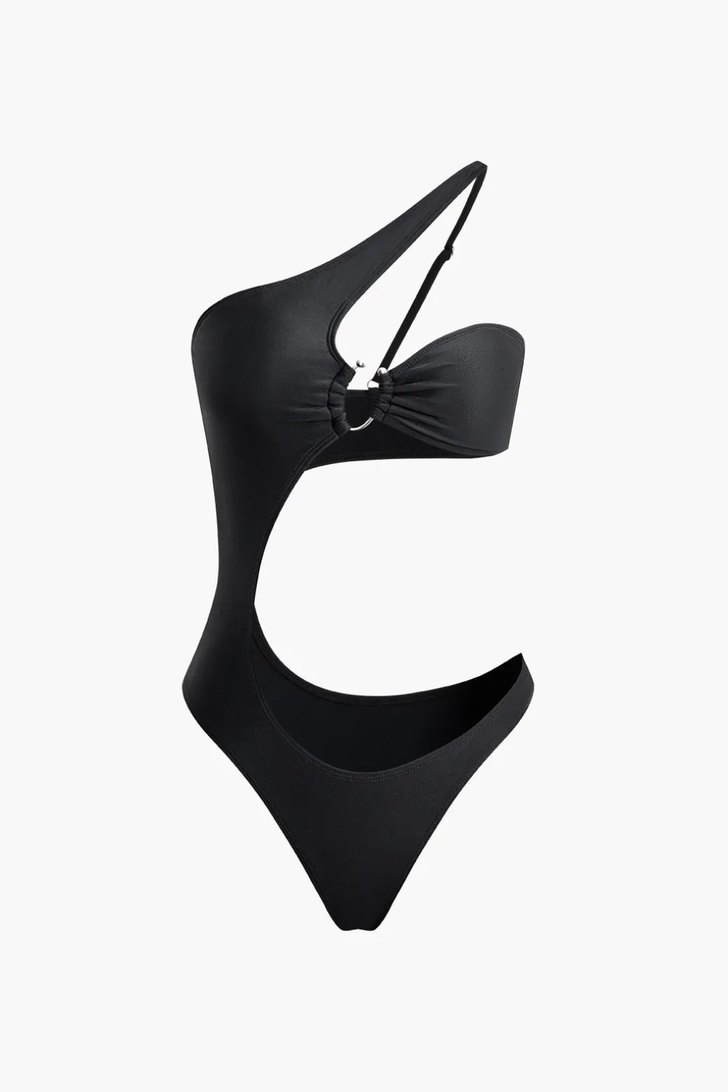 Online Asymmetrical U-ring Cut Out Ruched One-Piece Swimsuit Swimwear
