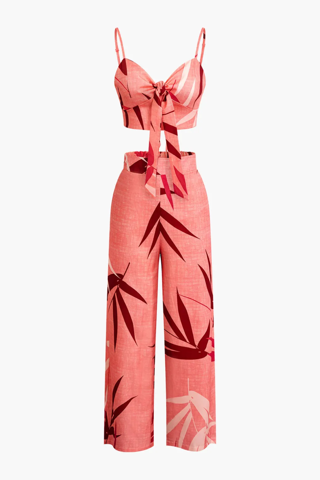 New Bamboo Leaf Print Knot Cami Top And Pants Set Pant Sets | Vacation Sets