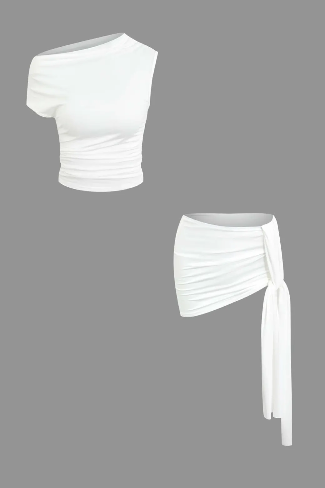 Sale Basic Asymmetrical Ruched Crop Top And Tie Mini Skirt Set Skirt Sets | Vacation Sets