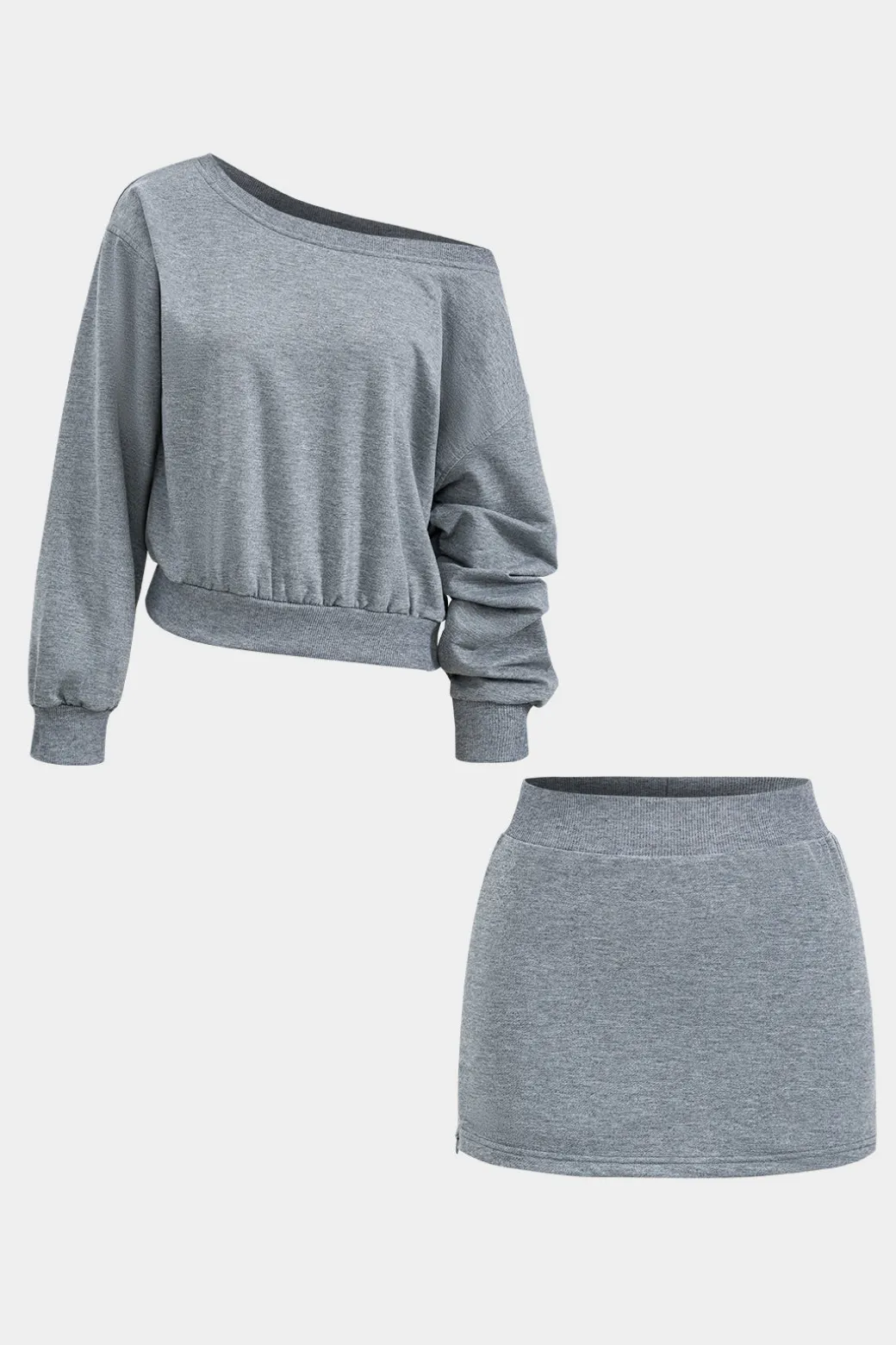 Hot Basic Asymmetry Long Sleeve Top And Skirt Set Skirt Sets
