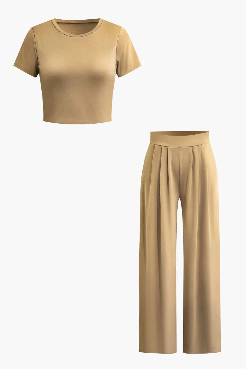 Shop Basic Solid Crop T-shirt And Pleated High Waist Wide Leg Pants Set Pant Sets