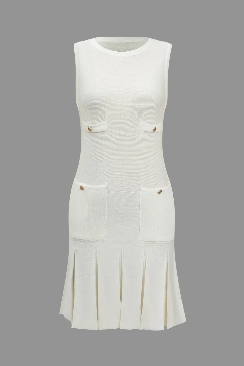 Fashion Basic Solid Knit Button Decoration Pleated Dress Knit Dresses