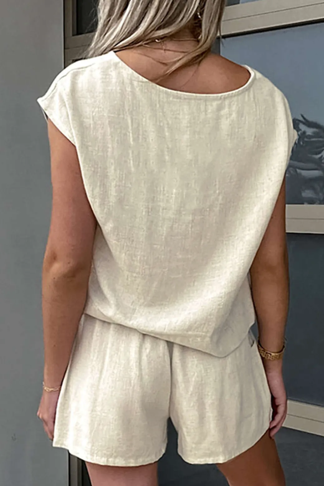 Flash Sale Basic Solid Linen Casual Shorts Set Short Sets