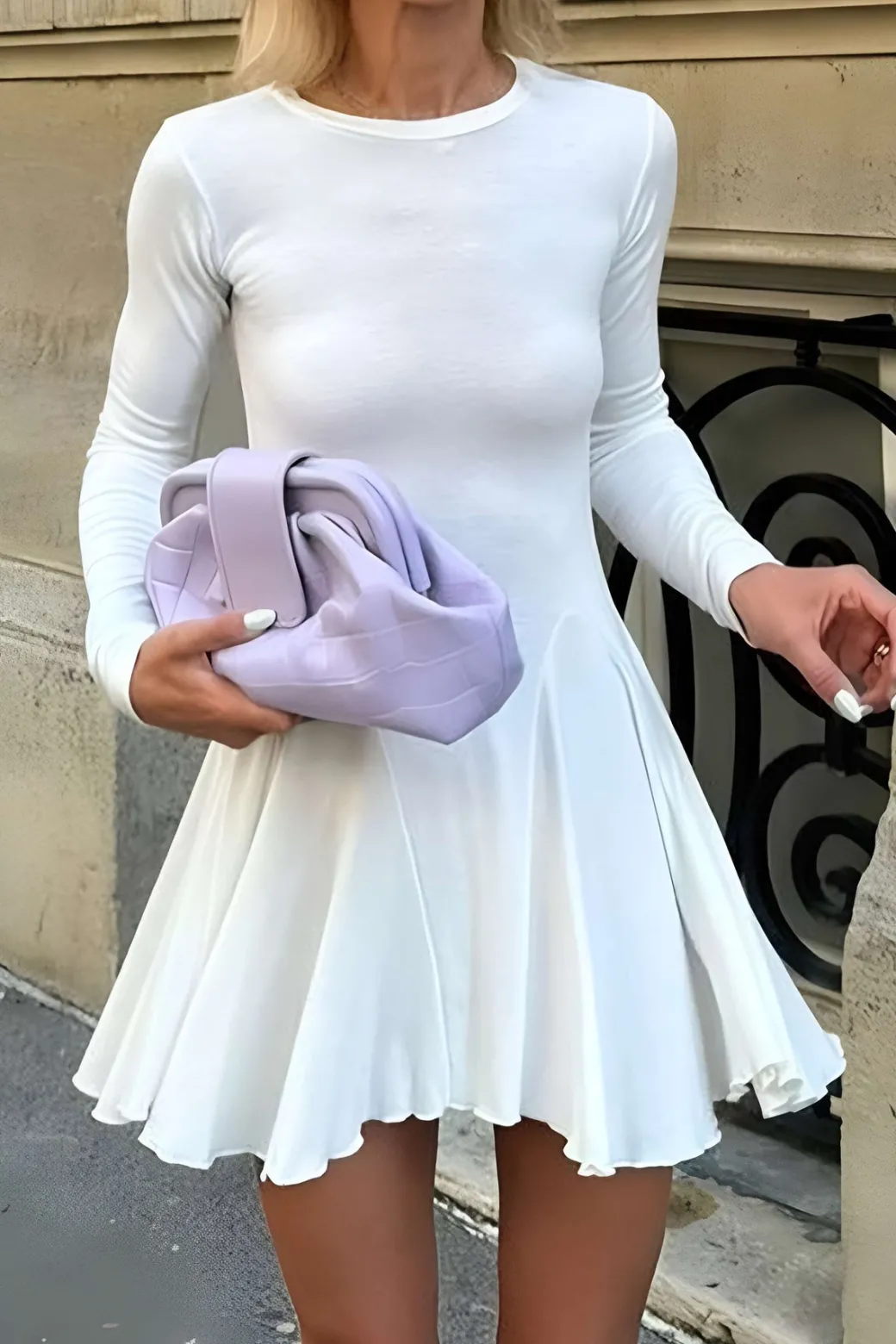 Clearance Basic Solid Ruffled Hem Long-Sleeve Mini Dress Mini Dresses | Long Sleeve Dresses