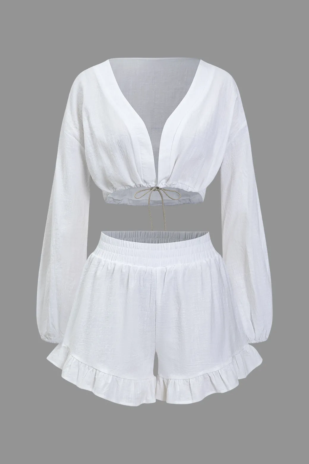 Fashion Basic Solid V-Neck Puff Sleeve Crop Top Two-Piece Set Short Sets