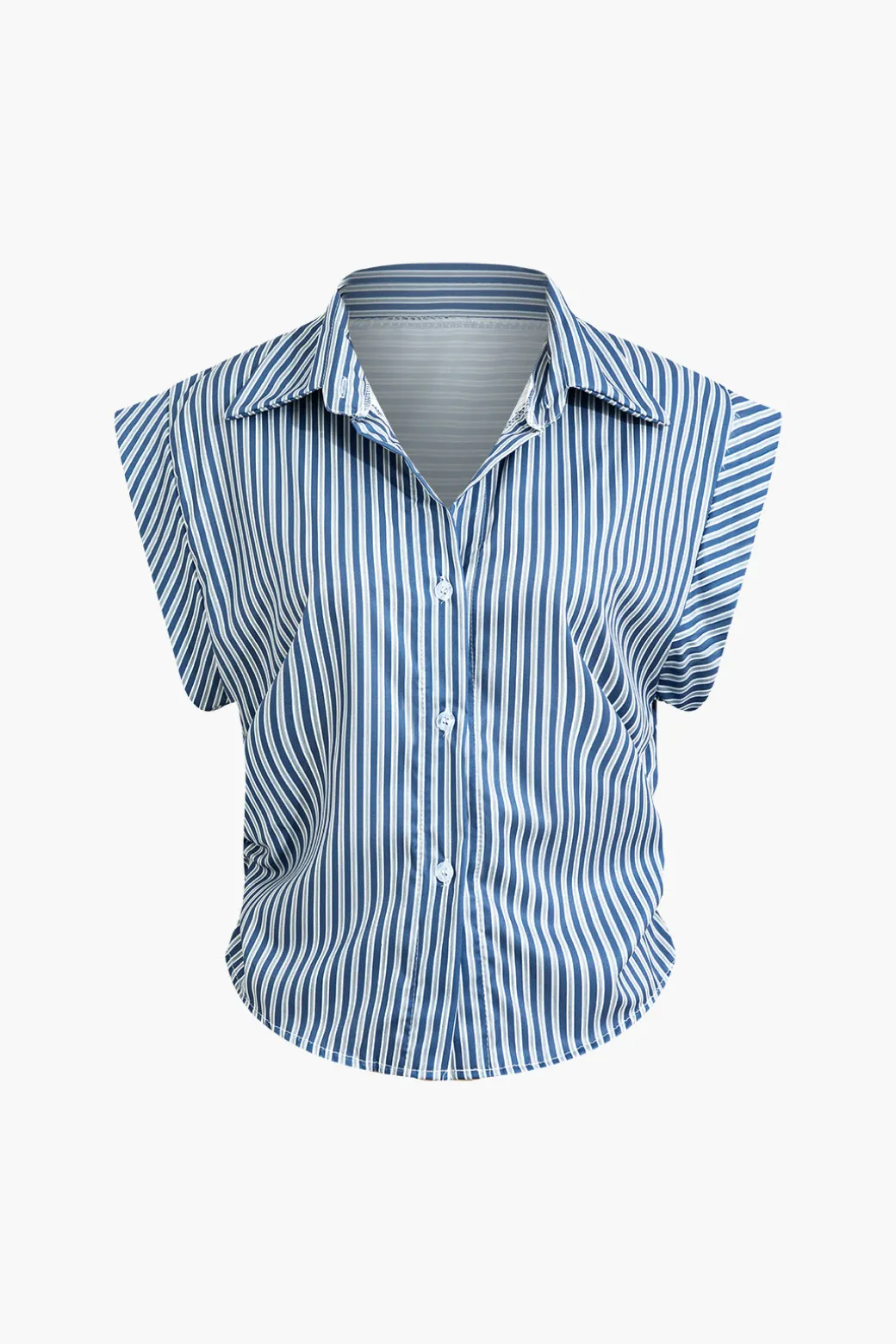 Outlet Basic Stripe Print Cap Sleeve Button Shirt Blouses & Shirts