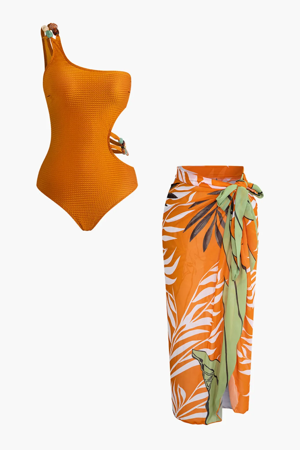 Discount Bead Cut Out One Shoulder Swimsuit And Leaves Print Wrap Skirt Set Swimwear