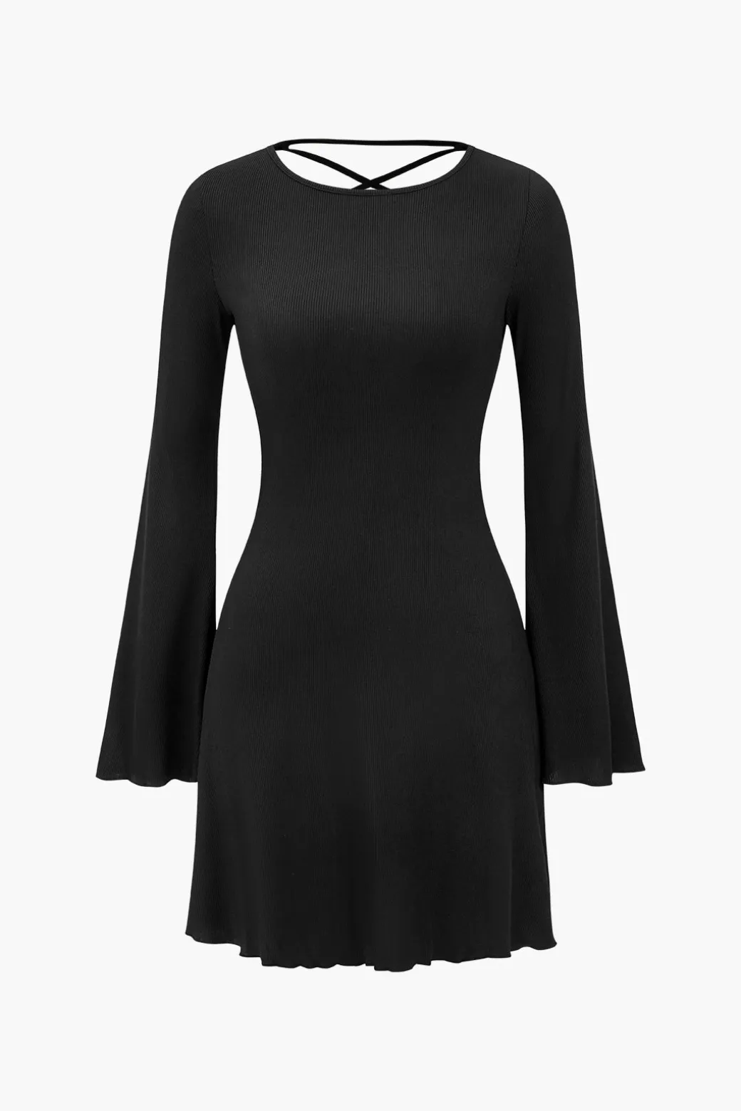 Fashion Bell Sleeve Back Lace Up Detail Mini Dress Mini Dresses | Long Sleeve Dresses