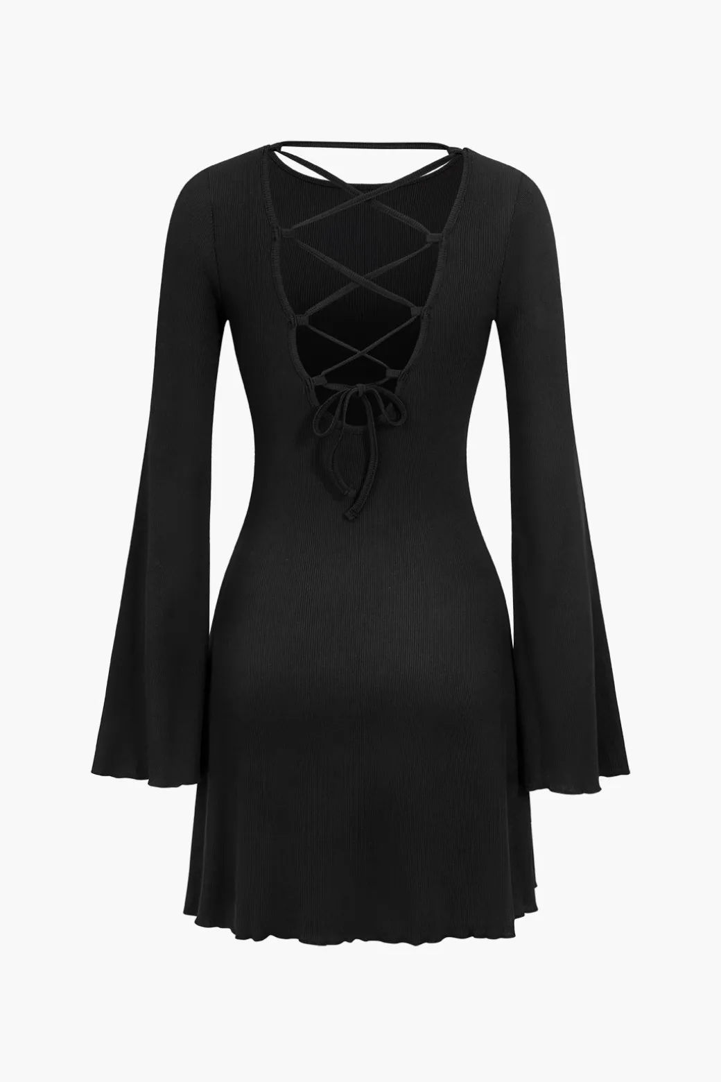 Fashion Bell Sleeve Back Lace Up Detail Mini Dress Mini Dresses | Long Sleeve Dresses
