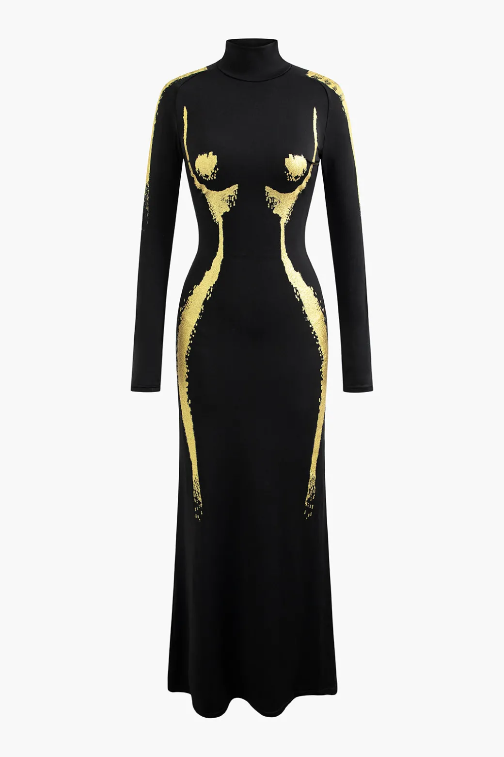 Fashion Body Print Turtle Neck Long Sleeve Maxi Dress Long Sleeve Dresses | Maxi Dresses