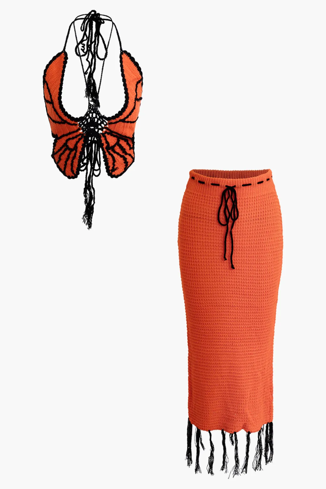 Best Butterfly Tie Halter Tank Top And Tassel Midi Skirt Set Knit Sets