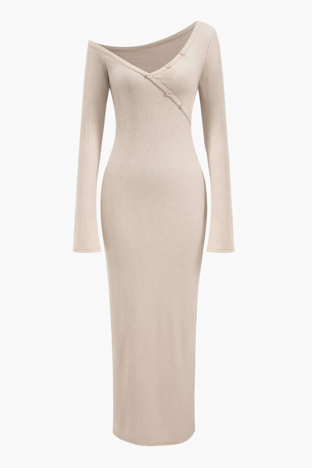 Fashion Button Asymmetric Neck Long Sleeve Maxi Dress Long Sleeve Dresses | Maxi Dresses