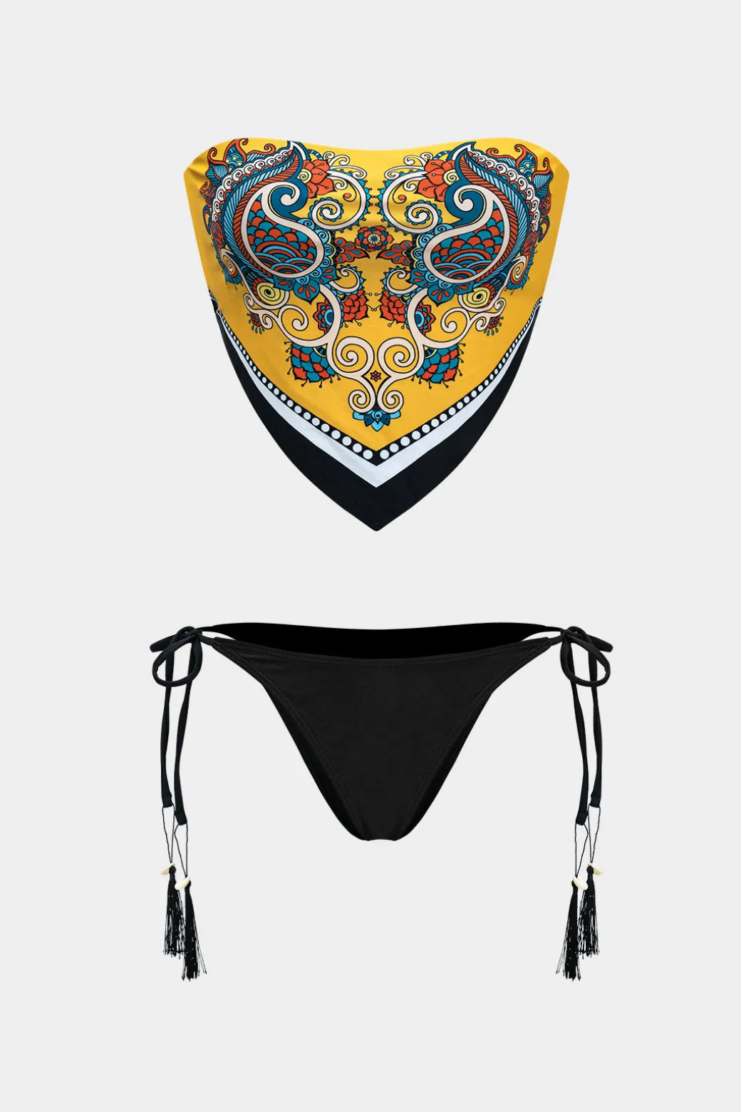 Hot Chinoserie Print Contrast Color Block Tie-Up Bikini Set Swimwear