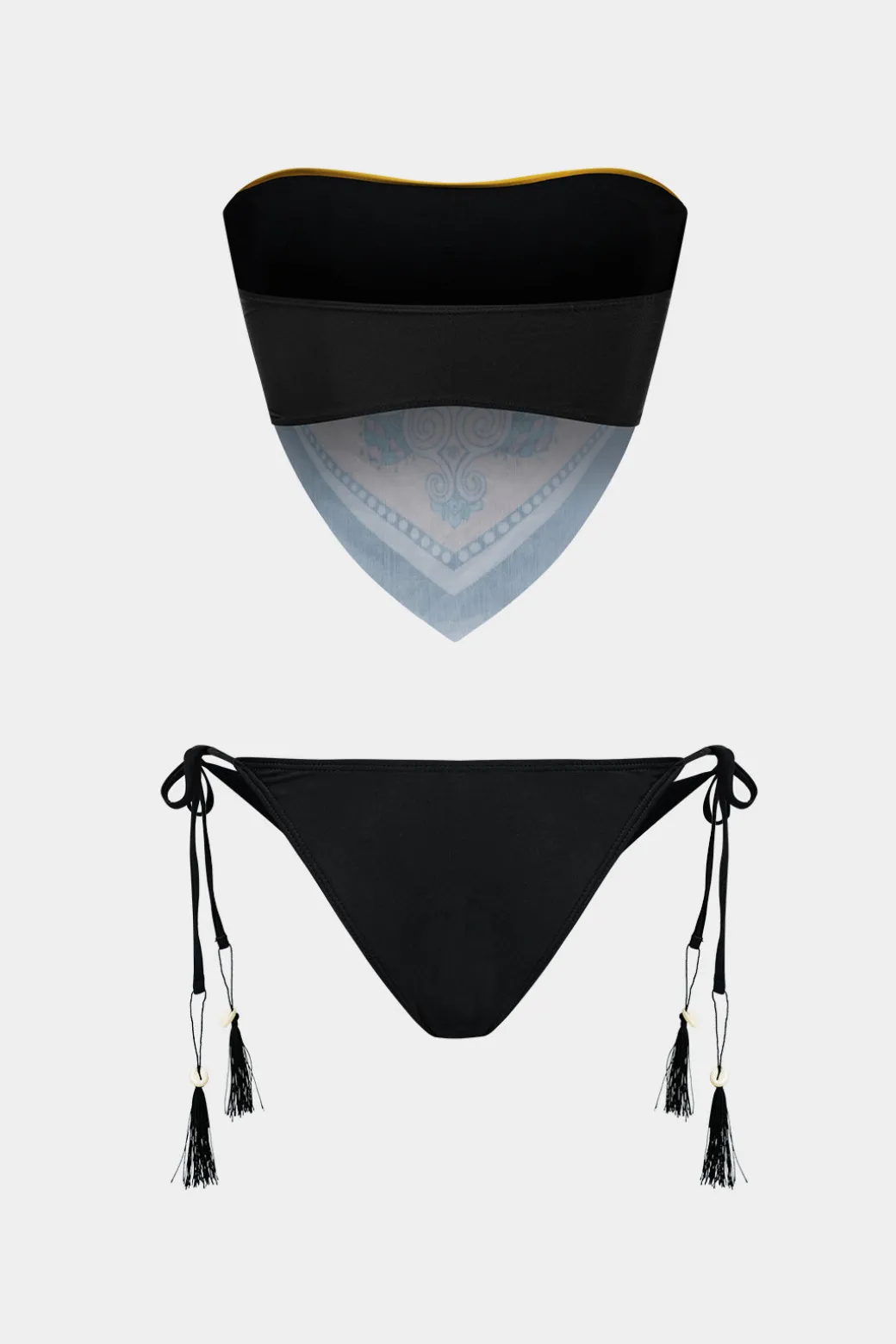 Hot Chinoserie Print Contrast Color Block Tie-Up Bikini Set Swimwear