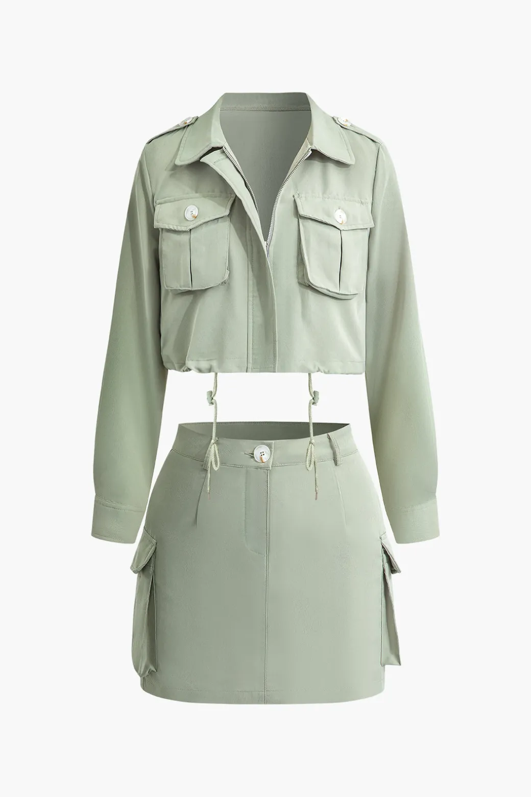 Sale Collared Flap Pocket Drawstring Crop Top And Mini Skirt Set Skirt Sets