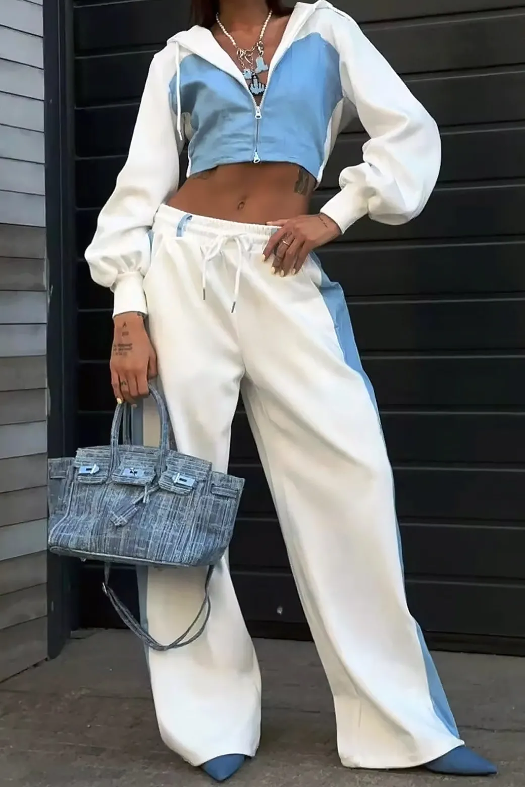 Discount Color Block Denim Patchwork Hooded Zipper Jacket And Trousers Set Pant Sets