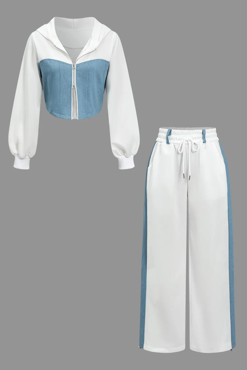 Discount Color Block Denim Patchwork Hooded Zipper Jacket And Trousers Set Pant Sets
