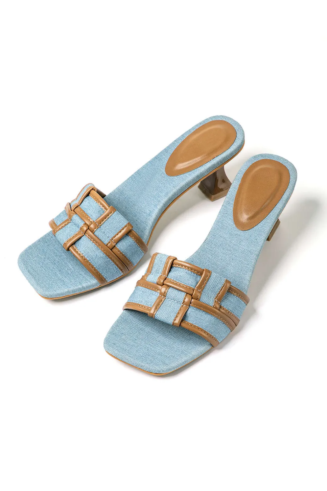 Hot Color Block Faux Leather Denim Contrast Binding Asymmetrical Open Toe Mid Heel Sandals Shoes | Shoes