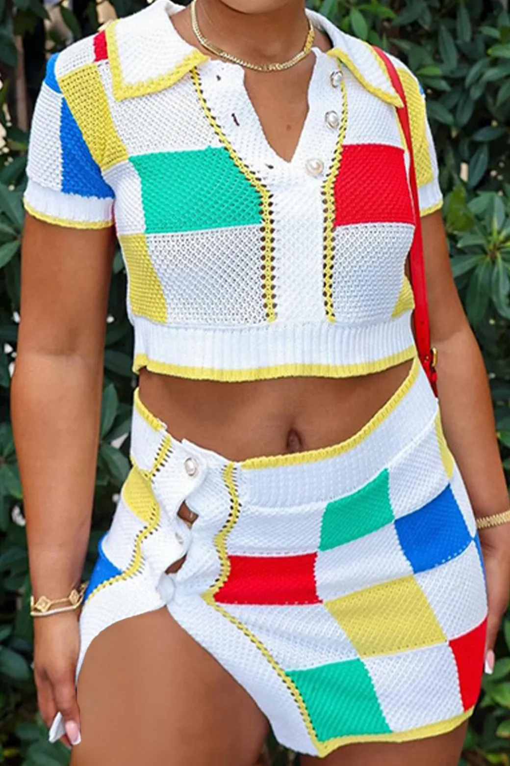 Flash Sale Color Block Knit Top and Split Mini Skirt Set Skirt Sets