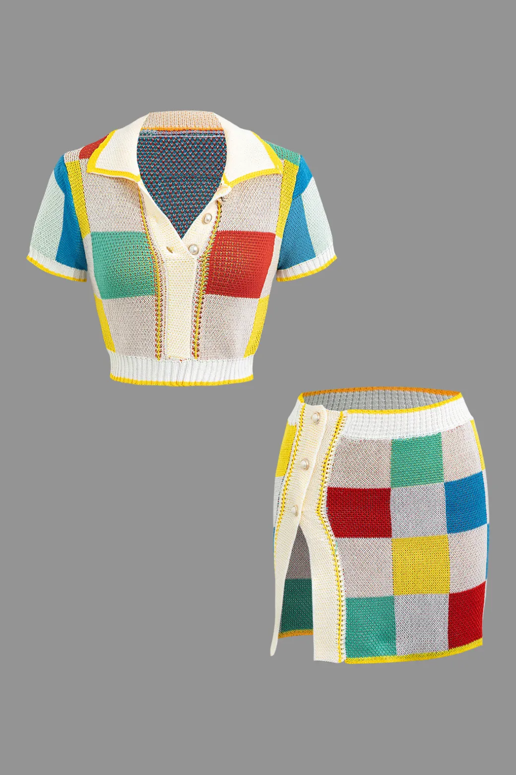 Flash Sale Color Block Knit Top and Split Mini Skirt Set Skirt Sets