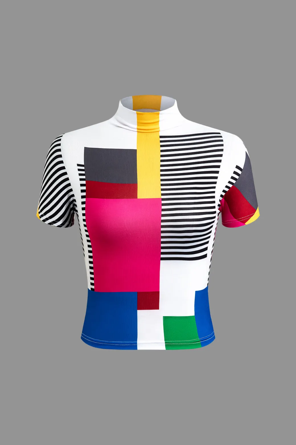 Flash Sale Color Block Patchwork Mock Neck T-shirt T-Shirts