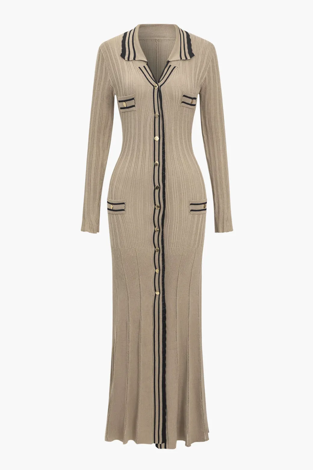 Hot Color Block Print Knit Button Metallic Fake Pockets Dress Long Sleeve Dresses | Knit Dresses