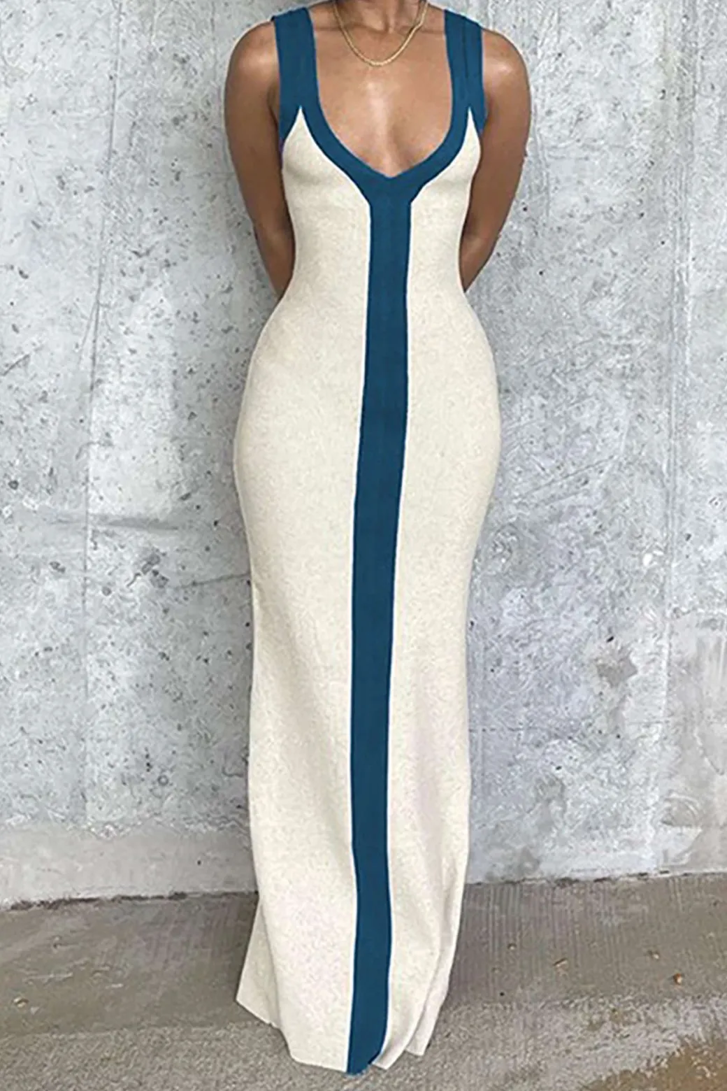 Discount Colorblock V-neck Ribbed Split Maxi Dress Maxi Dresses