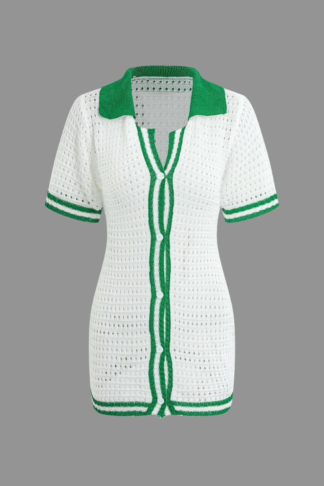 Outlet Contrast Button Up Short Sleeve Cardigan Hollow Out Knit Mini Dress Knit Dresses
