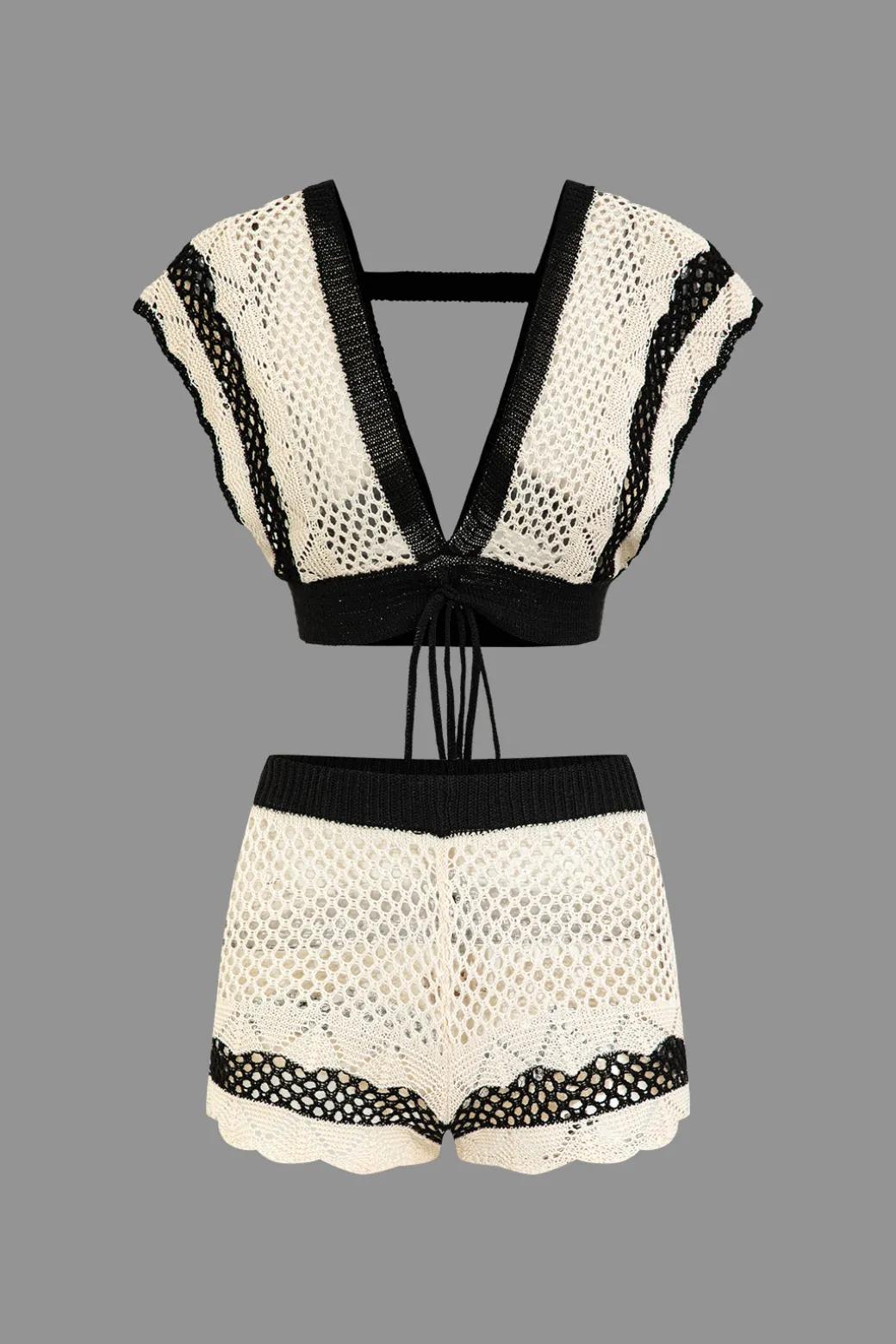 Clearance Contrast Crochet V-Neck Knit Shorts Set Knit Sets