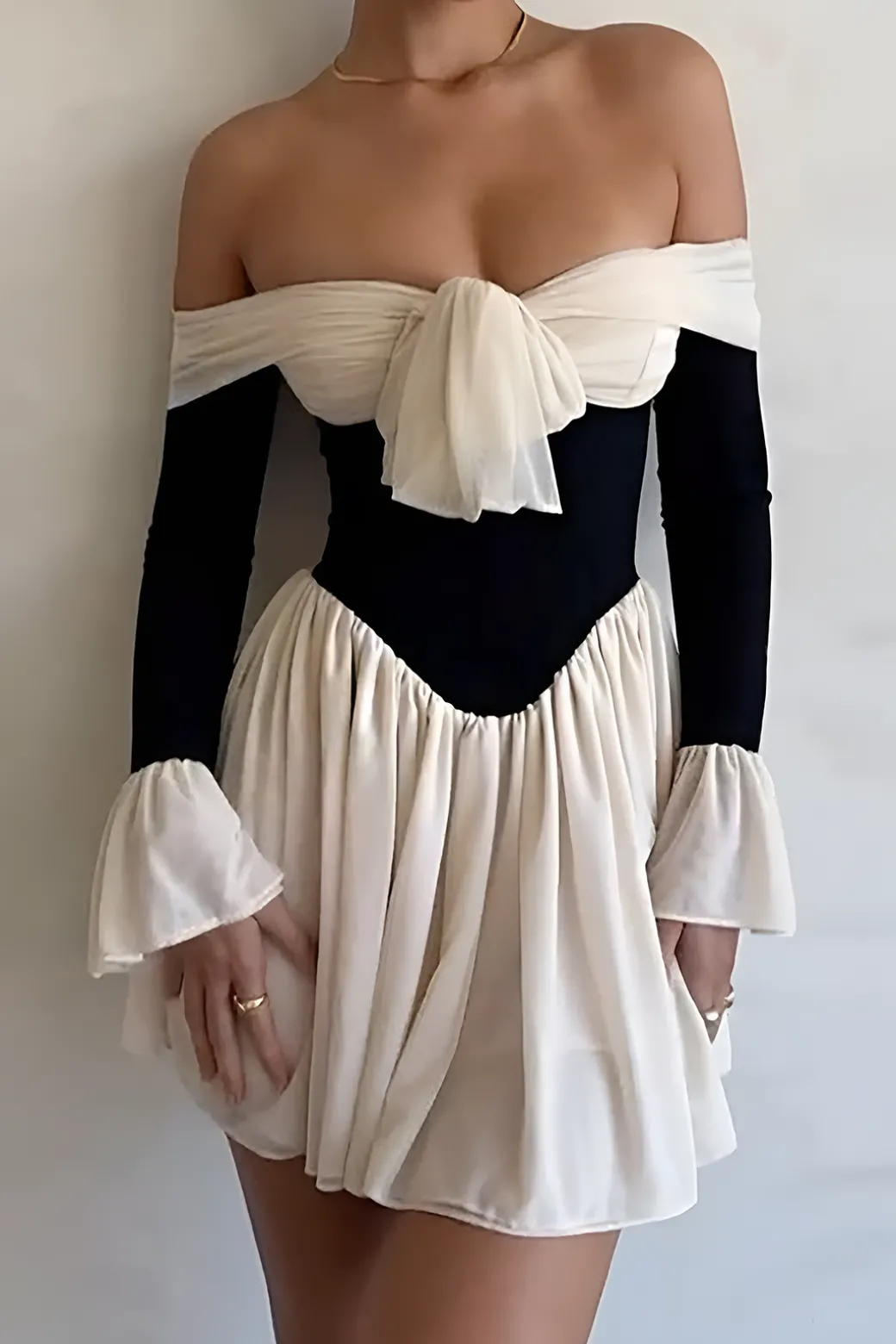 Discount Contrast Off Shoulder Knot Bell Sleeve Pleated Mini Dress Long Sleeve Dresses | Mini Dresses