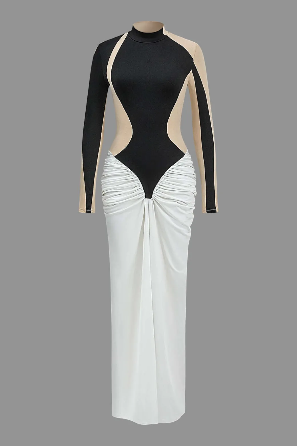 New Contrast Patchwork Ruched Long Sleeve Maxi Dress Long Sleeve Dresses | Maxi Dresses