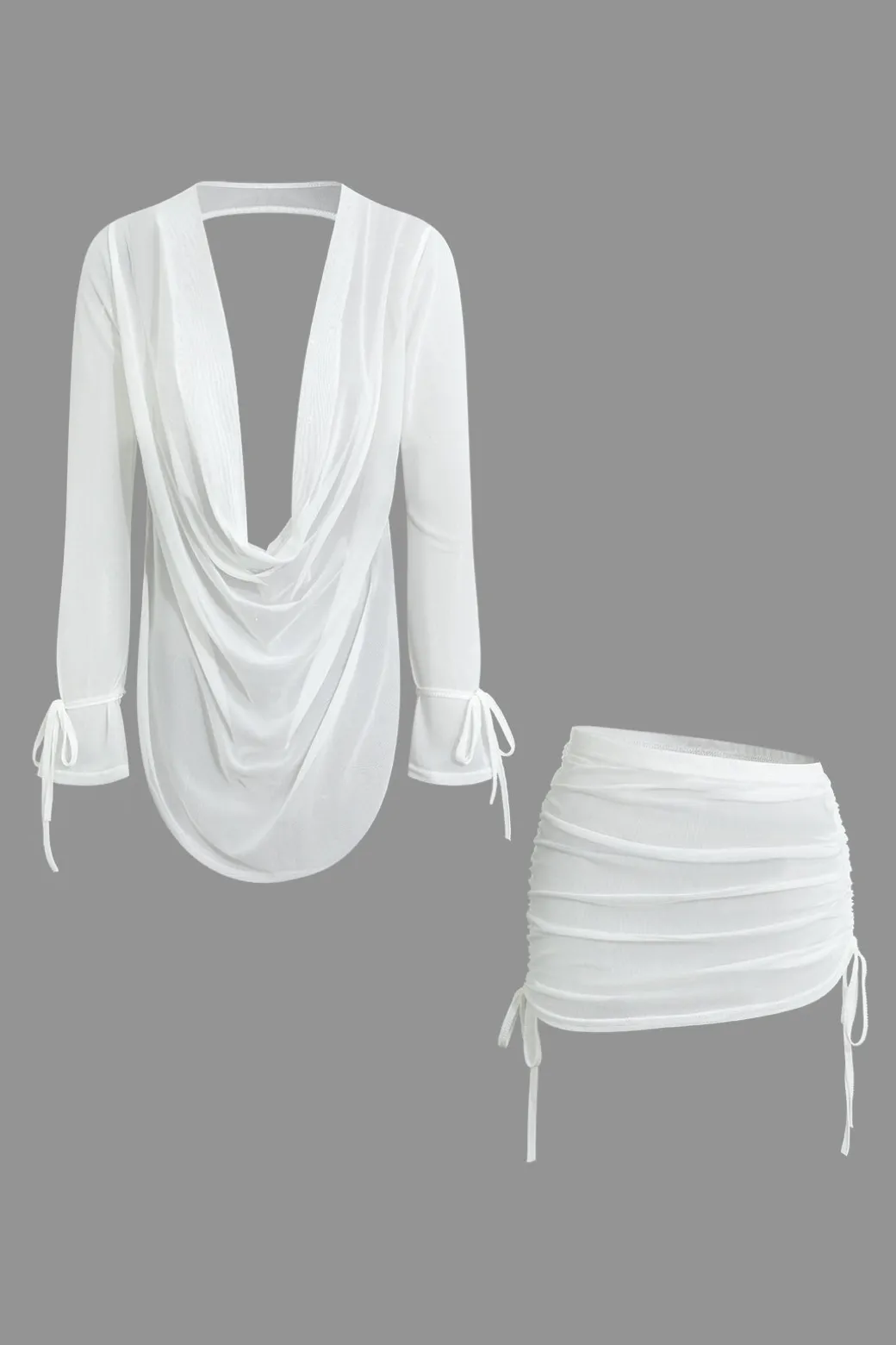 New Cowl Neck Backless Tie Mesh Top And Asymmetrical Mini Skirt Set Skirt Sets | Vacation Sets