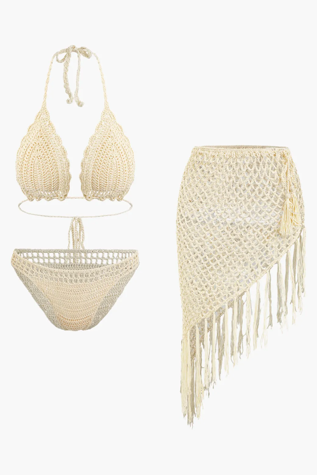 Sale Crochet Halter Neck Bikini Set And Asymmetric Tassel Cover Up Set Swimwear | Vacation Sets
