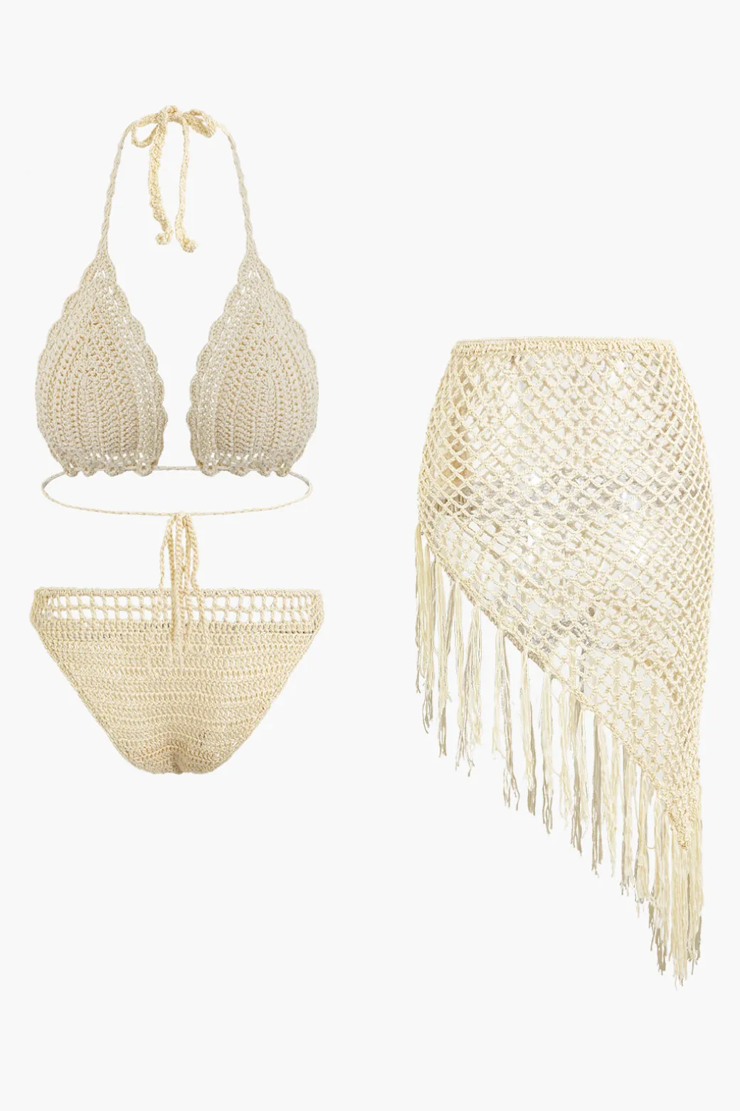 Sale Crochet Halter Neck Bikini Set And Asymmetric Tassel Cover Up Set Swimwear | Vacation Sets