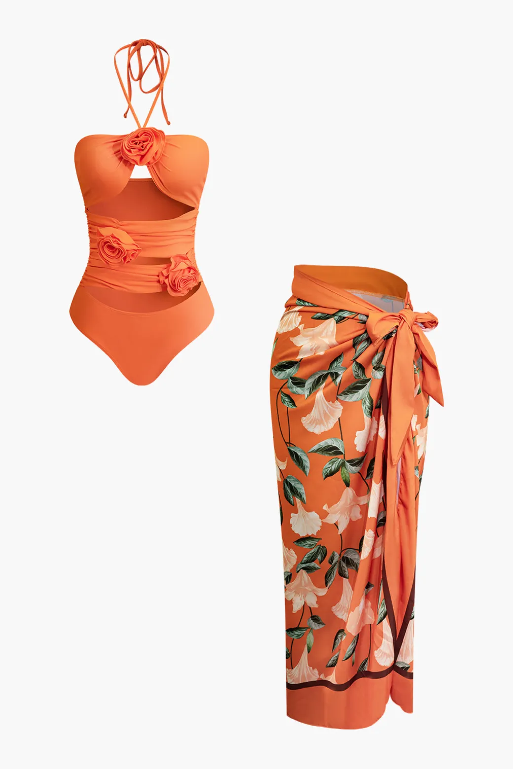 Flash Sale 3D Flower Tie Halter Cut Out Swimsuit And Wrap Knot Cover Up Skirt Set Swimwear | Vacation Sets