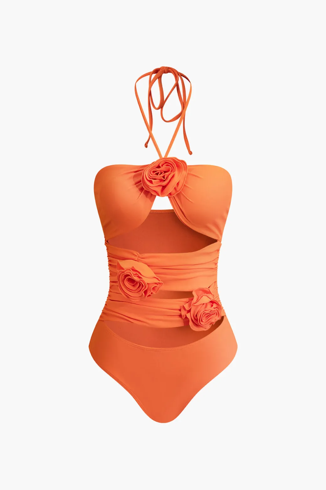 Flash Sale 3D Flower Tie Halter Cut Out Swimsuit And Wrap Knot Cover Up Skirt Set Swimwear | Vacation Sets