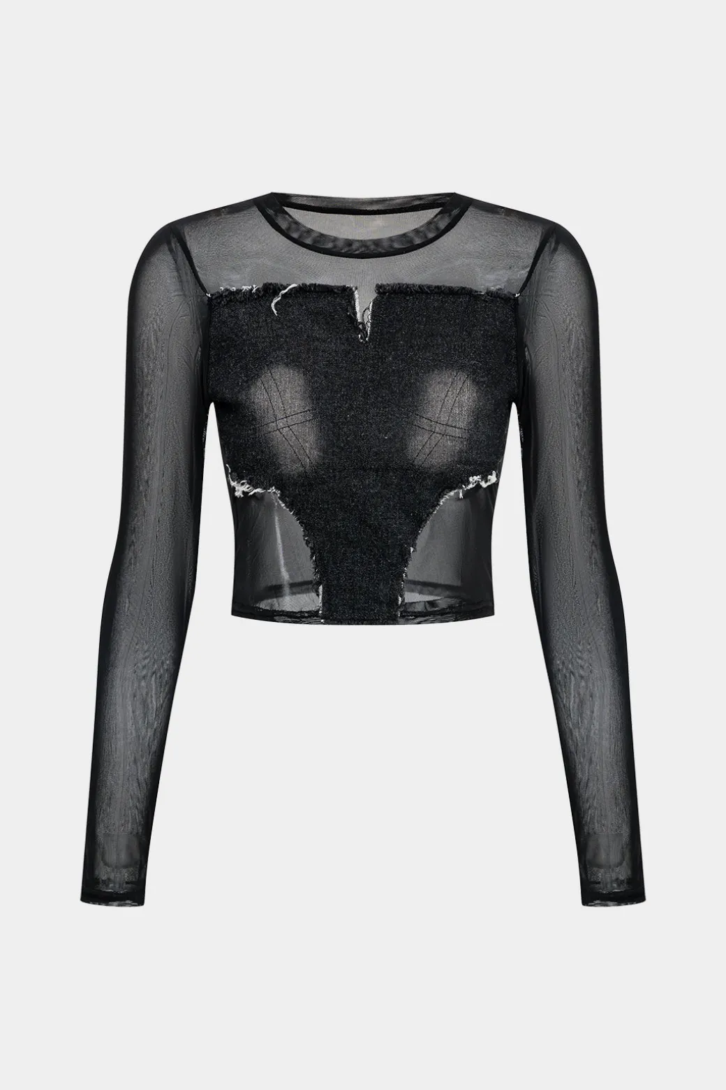 Hot Denim Mesh Patchwork Long Sleeve T-Shirt T-Shirts