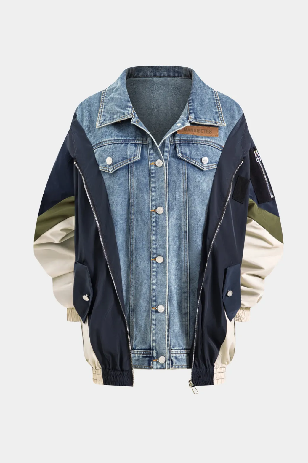 New Denim Patchwork Button Pocket Long-Sleeve Coat Outerwear | Outerwear