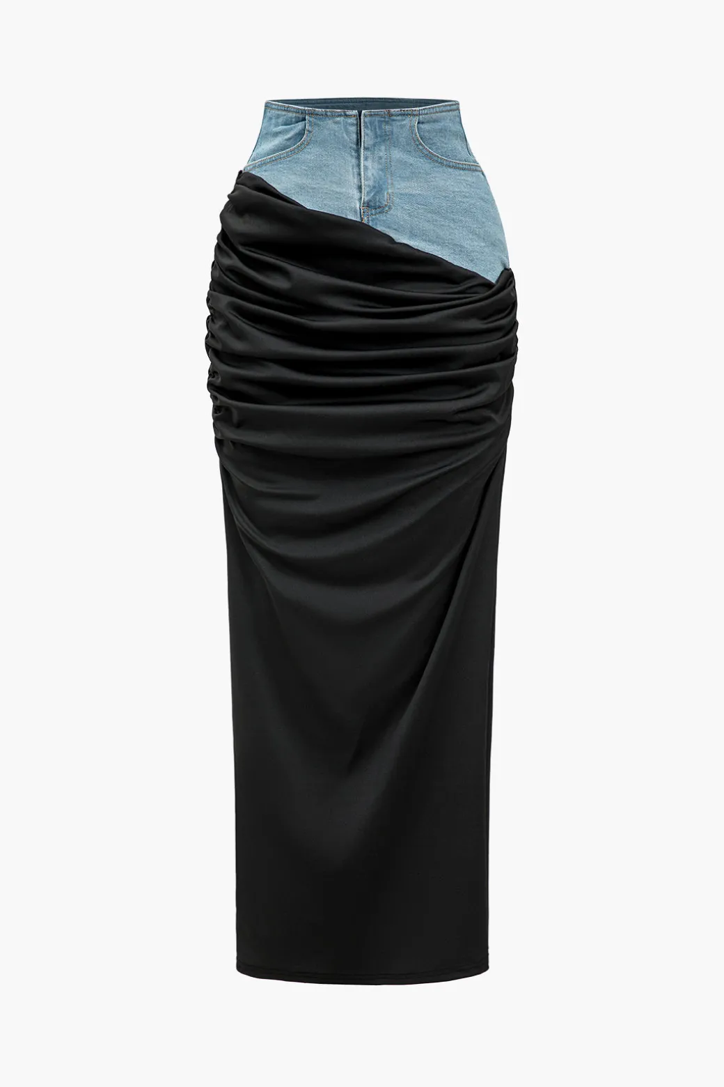 Flash Sale Denim Patchwork Color Block Ruched Zipper Skirt Skirts