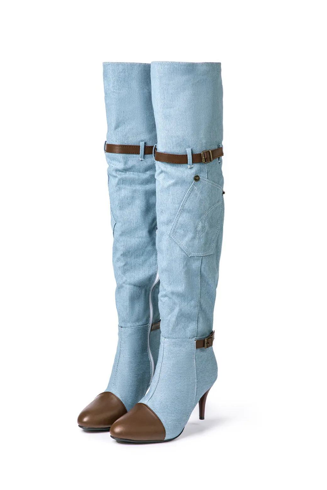 Hot Denim Patchwork High Heel Almond Toe Over The Knee Boots Shoes | Boots