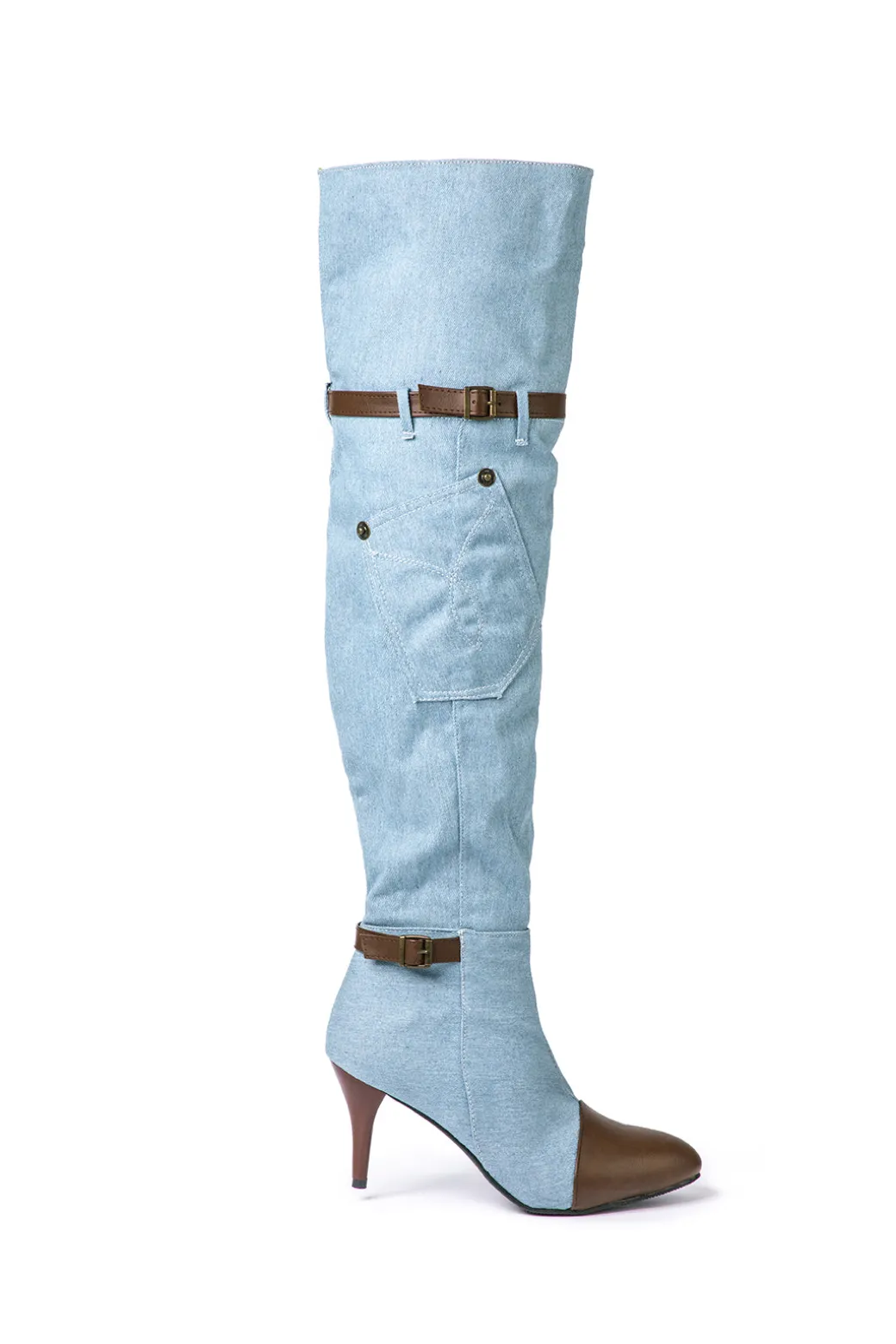 Hot Denim Patchwork High Heel Almond Toe Over The Knee Boots Shoes | Boots