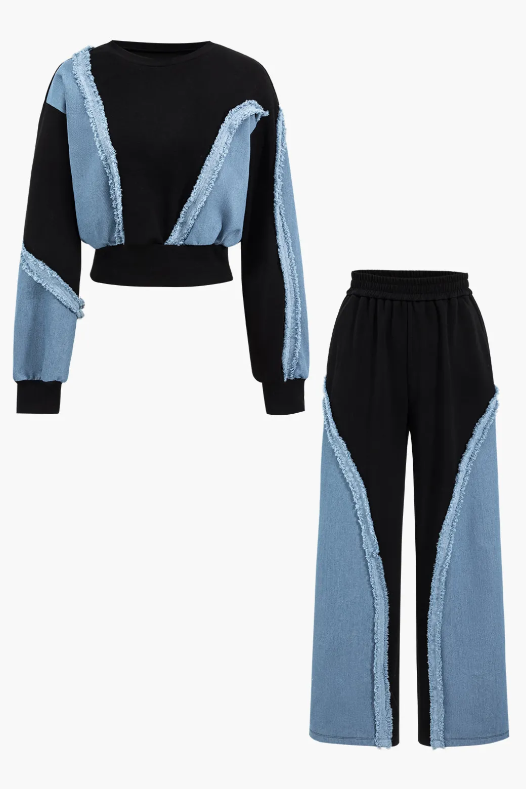 Fashion Denim Patchwork Long Sleeve Top And Wide Leg Trousers Set Pant Sets