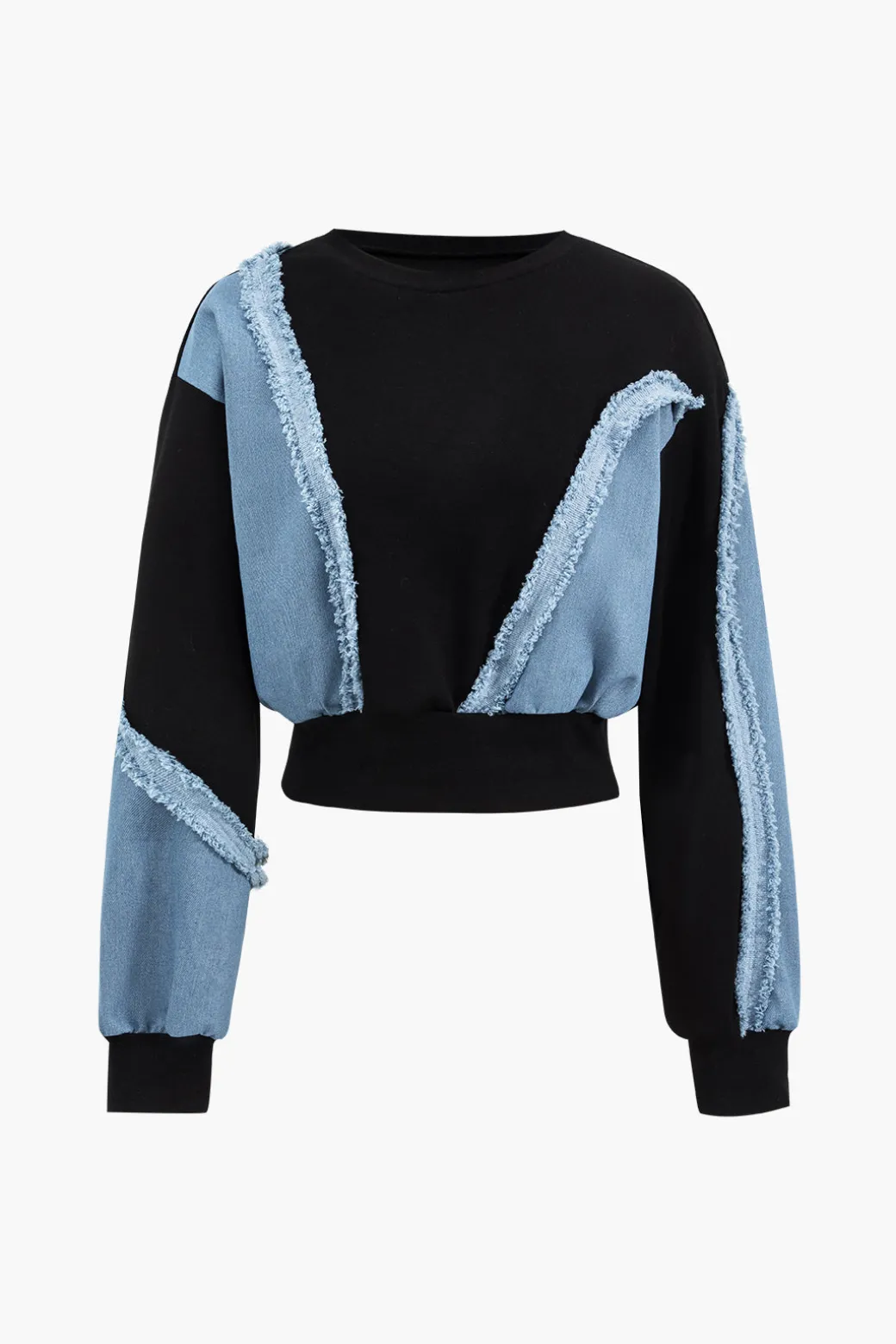 Fashion Denim Patchwork Long Sleeve Top And Wide Leg Trousers Set Pant Sets