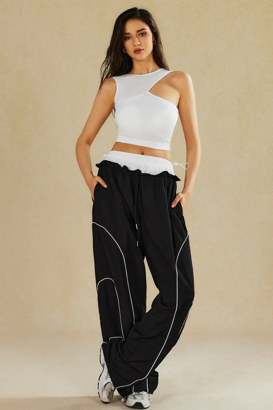 Hot Double Waistband Color Block Trousers Pants